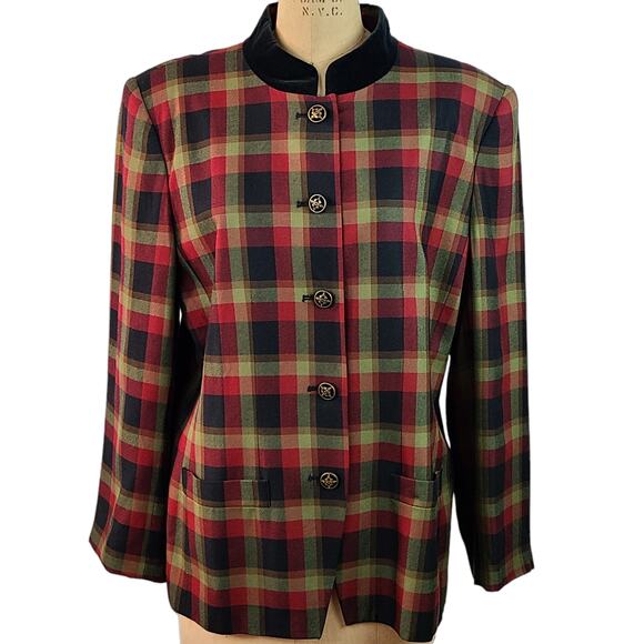 Vintage oversized shoulder pads red green black plaid blazer size 16 - Picture 1 of 9